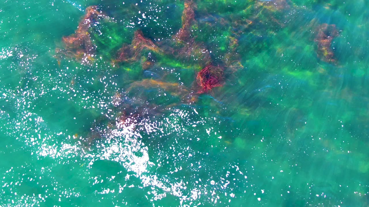 Overhead turquoise water in La Bocana, Baja California Sur, with underwater formations spread across the upper half and a wide band of sunlight sparkle, no visible people.