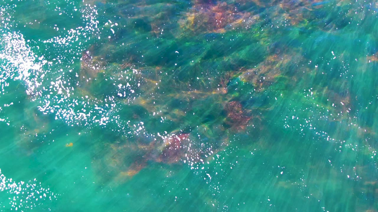 Overhead view of turquoise water in La Bocana with dark underwater rock patches near the top of frame, bright surface sparkle, and no visible people.