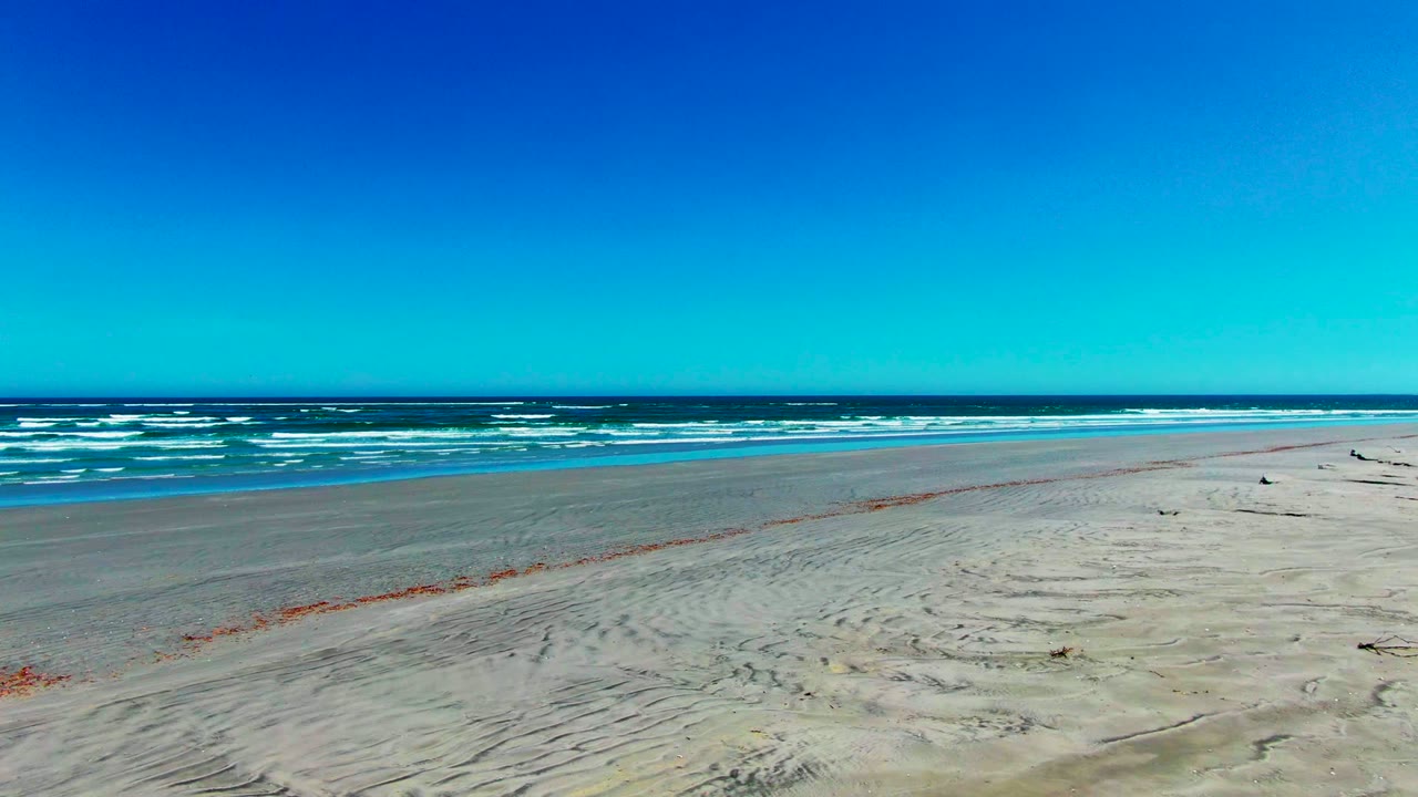 Aerial shoreline view with sand, surf, horizon, and clear sky.