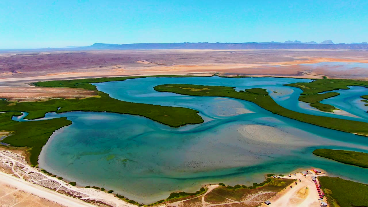 Wide drone view of turquoise reservoir channels bordered by green vegetation and desert land.