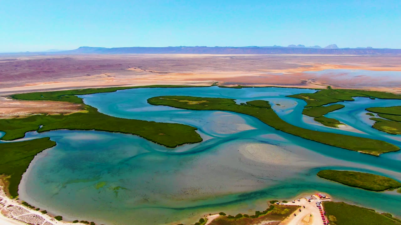Wide aerial frame near La Bocana, Baja California Sur, with turquoise channels curving around green vegetation, tan desert flats behind them, and no visible people.