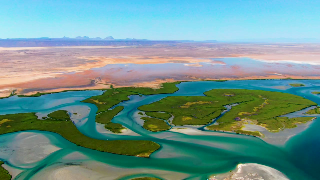 Wide drone view of green wetland islands bordered by blue water and sand
