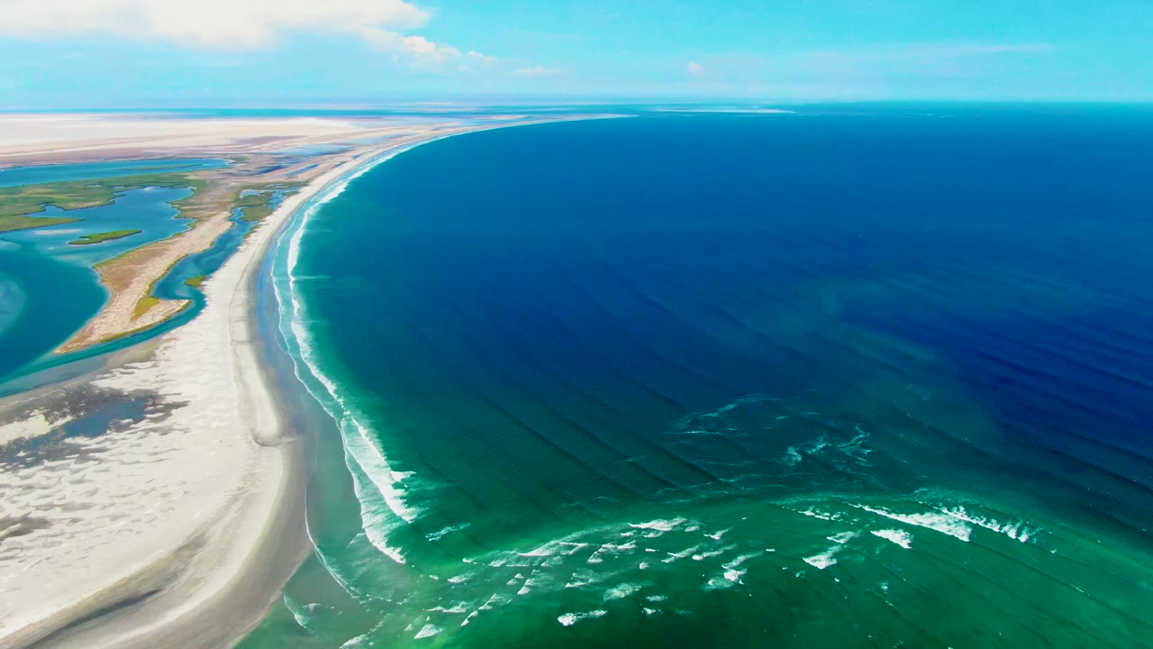 Aerial frame from La Bocana showing the coastline sweeping toward the horizon, small white breaking waves, clear green-blue nearshore water, and no visible people.