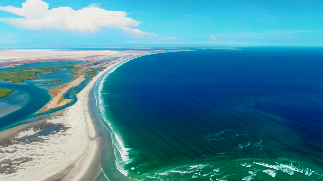 Opening aerial frame over La Bocana, Baja California Sur, with pale beach dividing green lagoon water from dark blue ocean, white surf along the shore, bright clouds overhead, and no visible people.