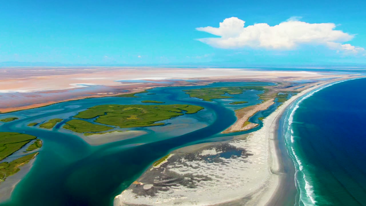 High coastal view of green estuary islands beside a long sandy ocean beach.