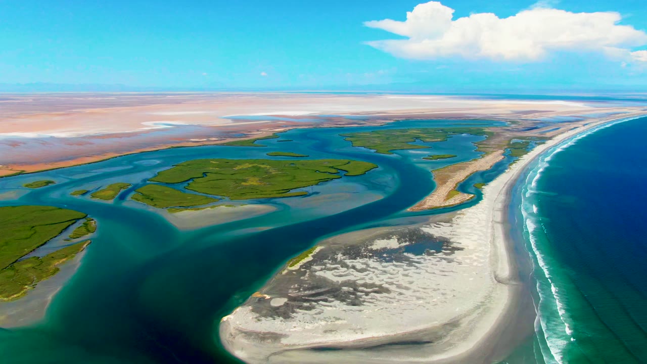 Drone view of winding coastal channels, green islands, sand, and blue ocean.