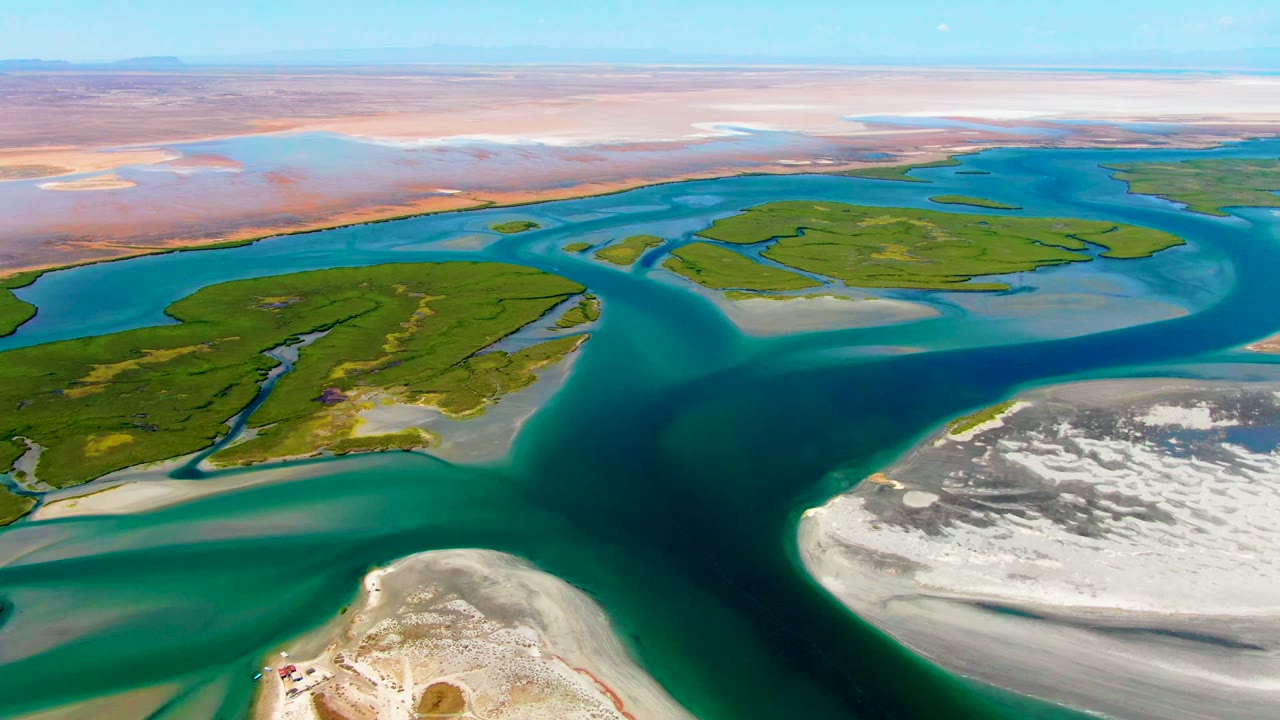 Aerial frame over La Bocana, Baja California Sur showing turquoise river channels wrapping green islands, pale sandbars in the foreground and right side, desert flats on the horizon, and no visible people.