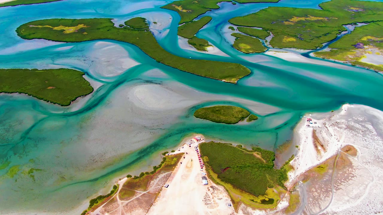 At 0:00, an aerial view over La Bocana shows turquoise tidal channels wrapping around pale sandbars and green islands, with no visible people.