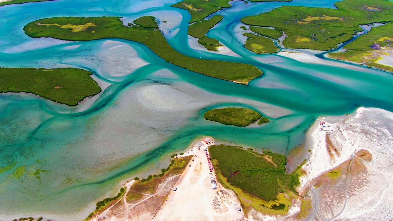 High drone view of shallow lagoon water crossing pale sand flats.