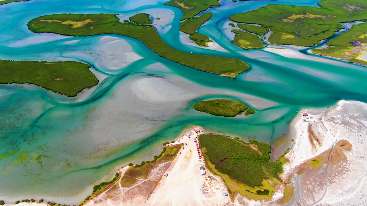 At 0:02, the aerial view over La Bocana shows turquoise water bands, white sand flats, and dark green vegetated islands stretching across the upper frame, with no visible people.