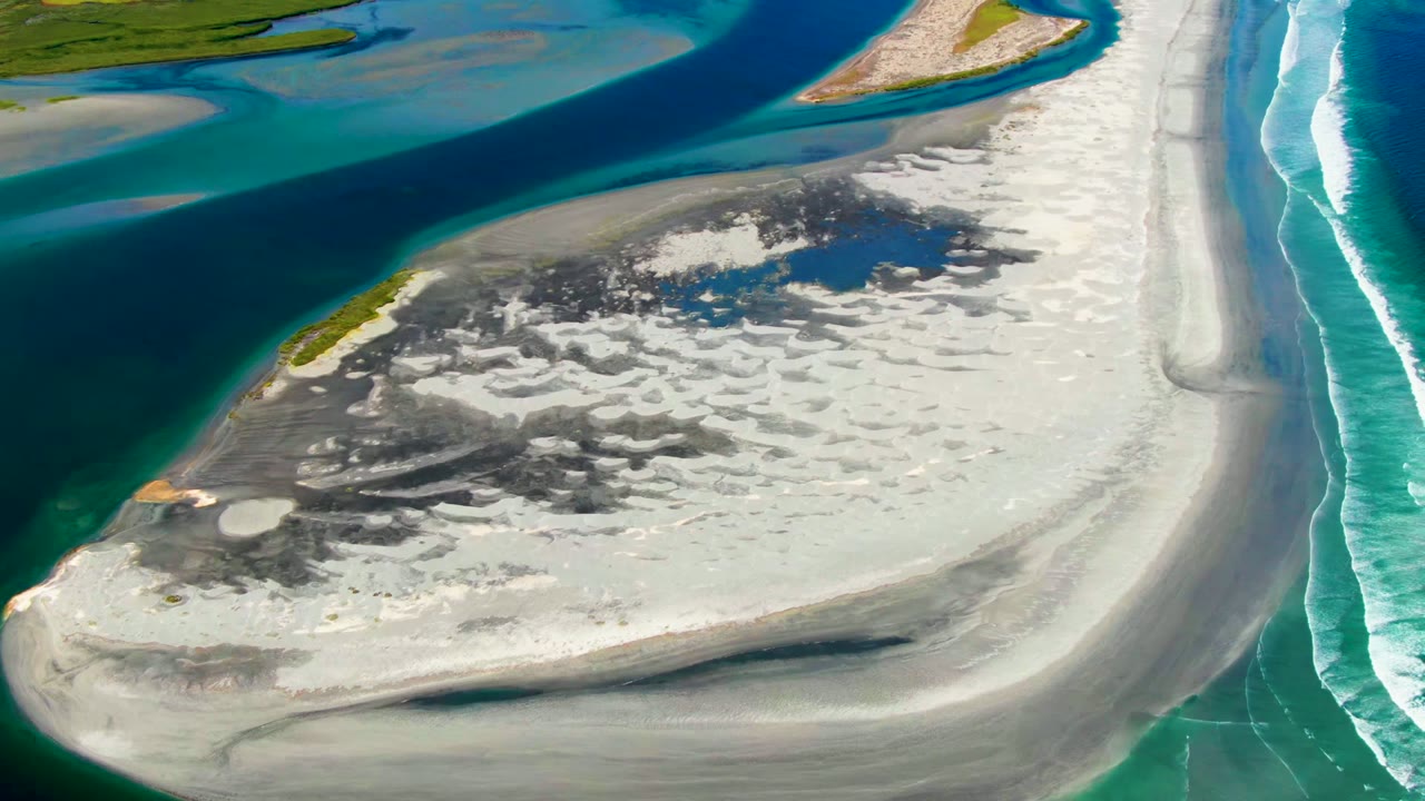Aerial view in La Bocana, Baja California Sur, showing a pale sandbar between dark lagoon water and white ocean waves, with no visible people.