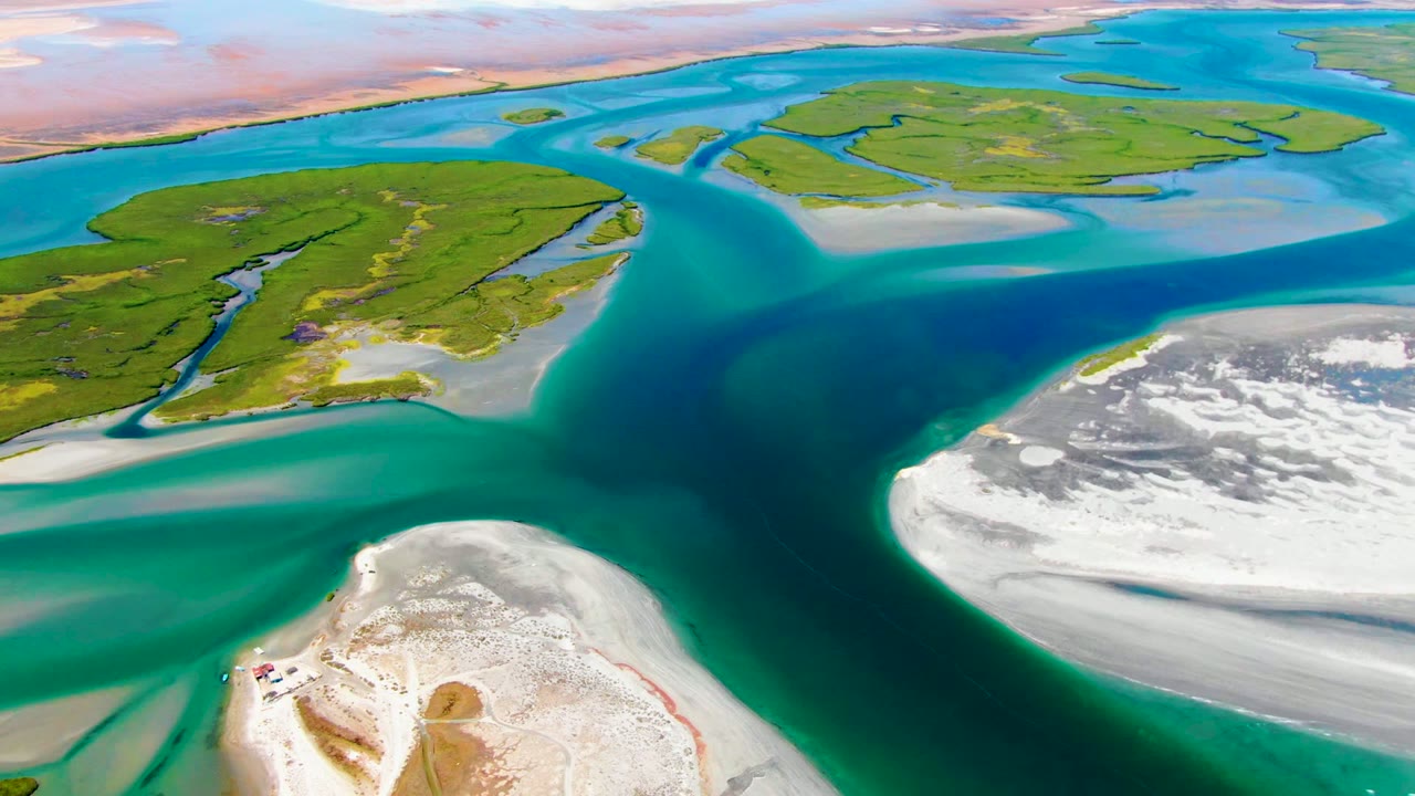 Aerial coastal view with turquoise water, green islands, sand flats, and white shoreline.