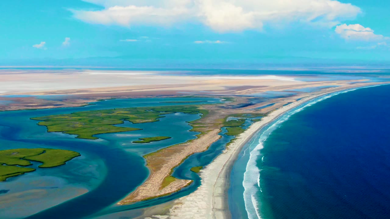 Aerial coastal landscape with long beach, surf, shallow water, and green islands.