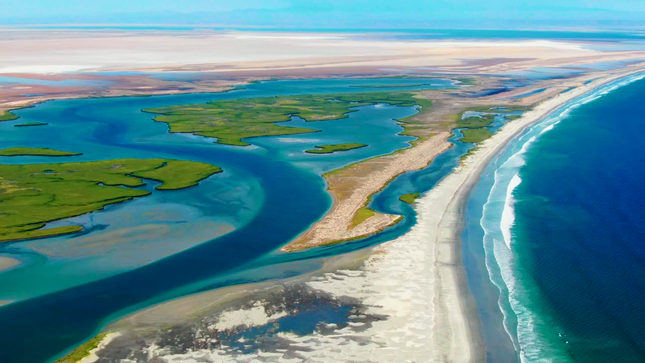 La Bocana aerial still with green marsh islands in turquoise shallows, a bright beach running diagonally through the frame, white surf bands on the ocean side, and no visible people.
