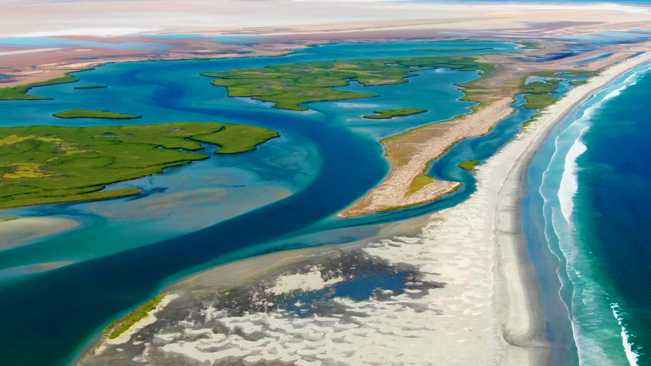 High aerial view over La Bocana, Baja California Sur, showing blue inlet channels, green lagoon islands, pale sandbars, a long sandy beach, ocean surf, and no visible people.