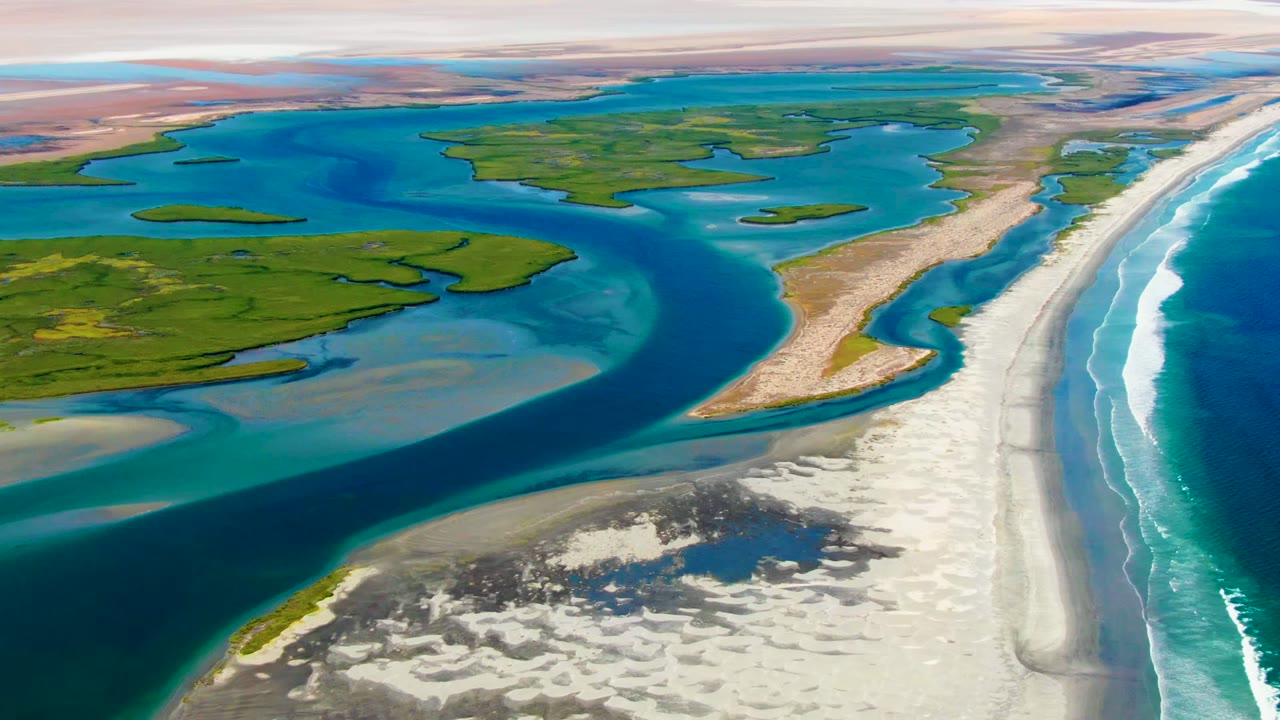 Aerial coastal lagoon with green islands, blue water, sand flats, beach, and waves.
