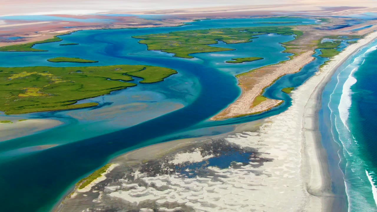 Wide aerial view of La Bocana showing green islands in the lagoon, a narrow sandy spit beside the inlet, pale beach sand, blue ocean water, white surf lines, and no visible people.
