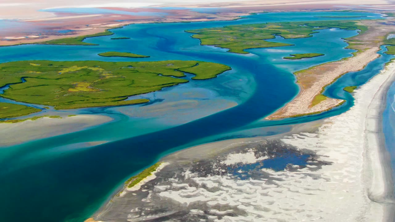 Aerial view over La Bocana, Baja California Sur, showing green delta islands, a dark blue river channel, turquoise shallows, pale sandbars, and no visible people at the opening moment.