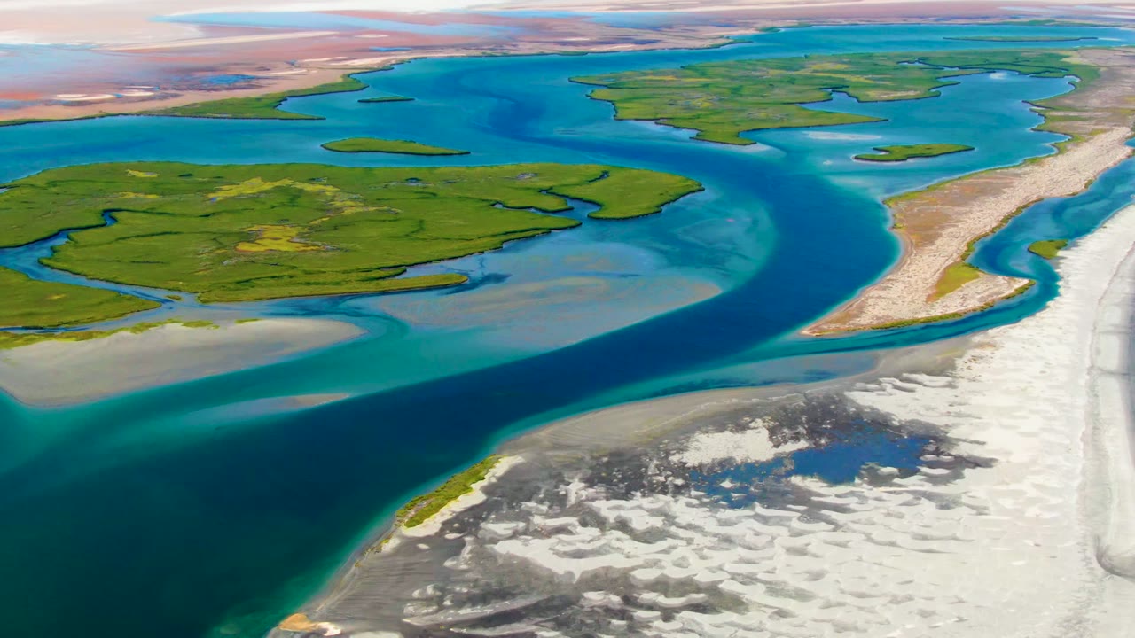 At 0:02, the La Bocana delta remains framed from above with green islands in the upper half, dark blue water sweeping through the center, pale shoreline on the right, and no visible people.