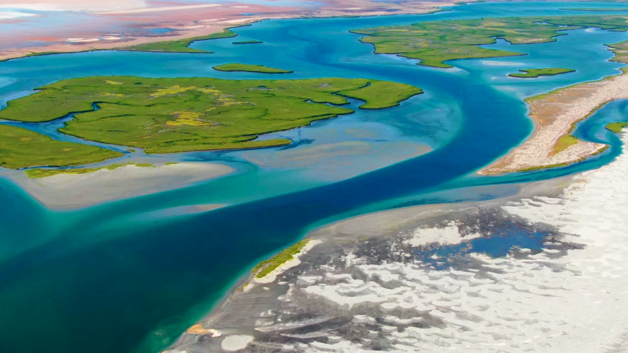 At 0:00, an aerial view over La Bocana shows a dark blue river channel wrapping around green islands, pale sandbars, and a white shore, with no visible people.