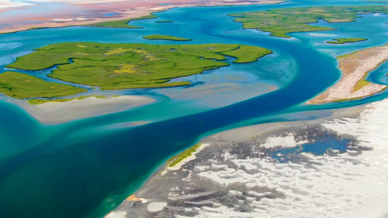 At 0:02, the aerial view shows the curving blue channel between green islands and pale sand edges, with the white shore occupying the lower right and no visible people.