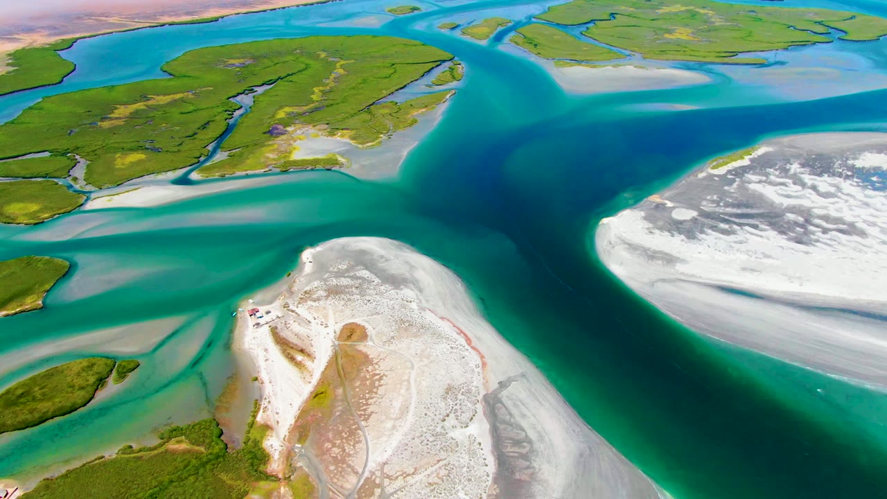 Drone view over a dark blue channel bordered by white sand and green coastal islands.