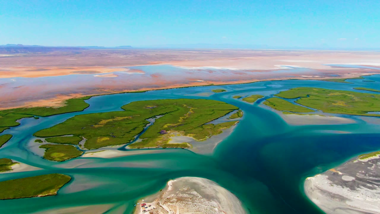 Wide aerial of green wetland islands bordered by blue water and sand flats.