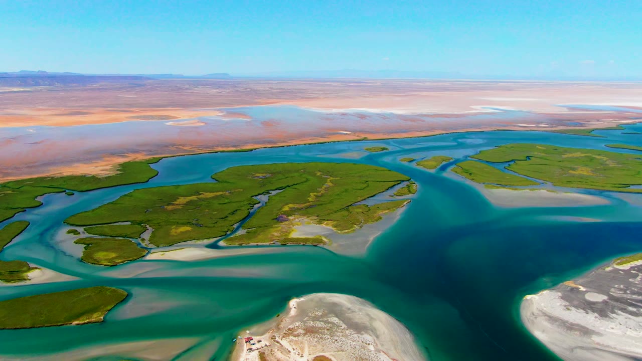Aerial view at La Bocana with branching blue channels cutting through green islands, a pale rounded sandbar at the lower edge, flat desert beyond the waterway, and no visible people.