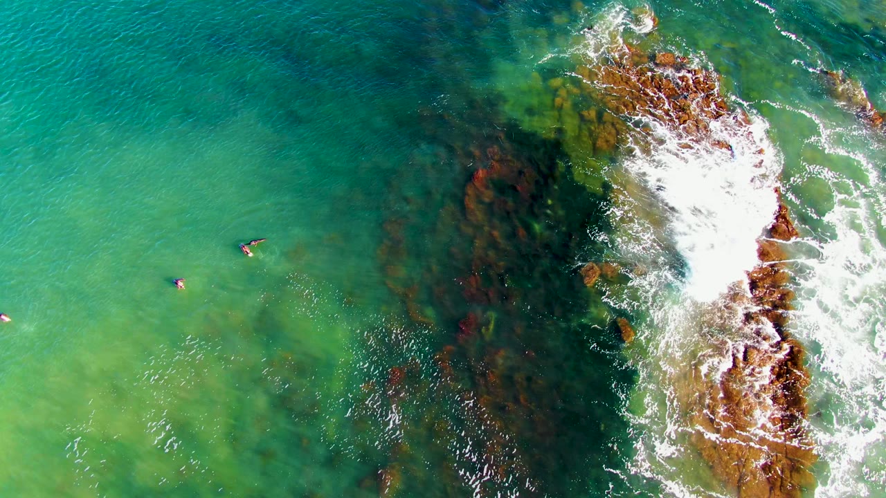 Swimmers in clear green water beside a foamy rock outcrop