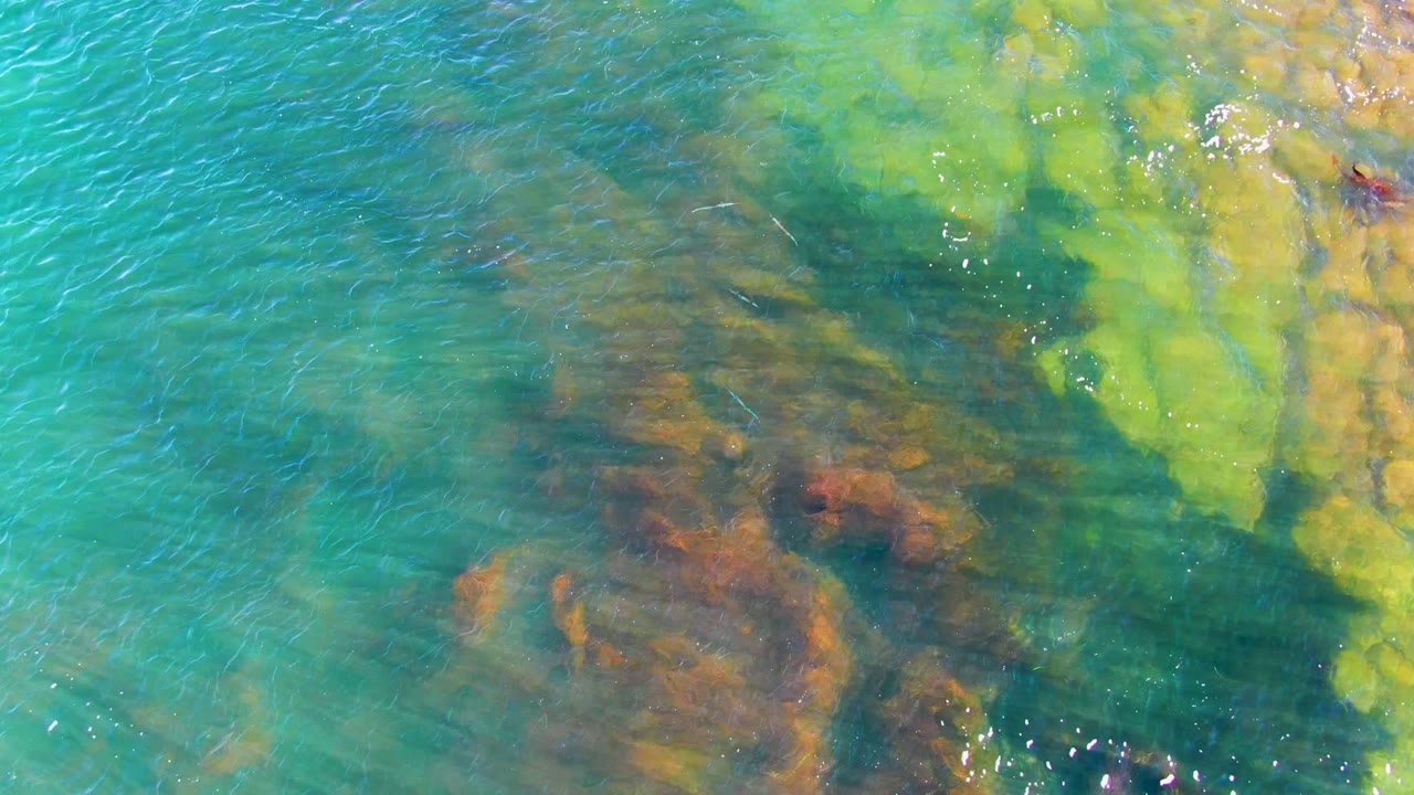 Clear shallow water in La Bocana, Baja California Sur shows turquoise surface ripples over green, yellow, and brown submerged rocks, with no visible people.