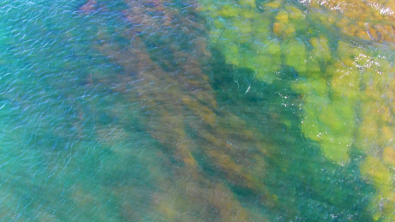 Blue and turquoise water in La Bocana, Baja California Sur passes over mottled green and brown submerged rocks, with small bright reflections and no visible people.