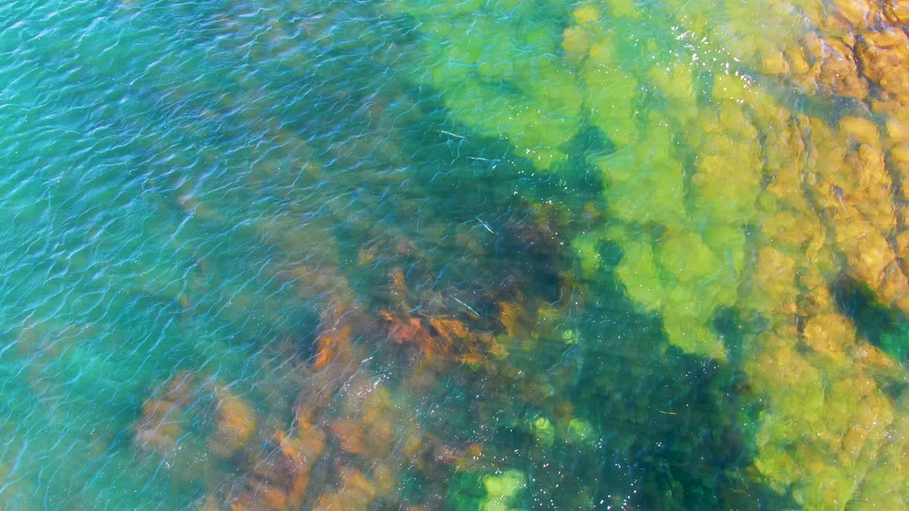 Top-down view of shallow rippled water over green, ocher, brown, and dark seabed formations in La Bocana, Baja California Sur, with no visible people.
