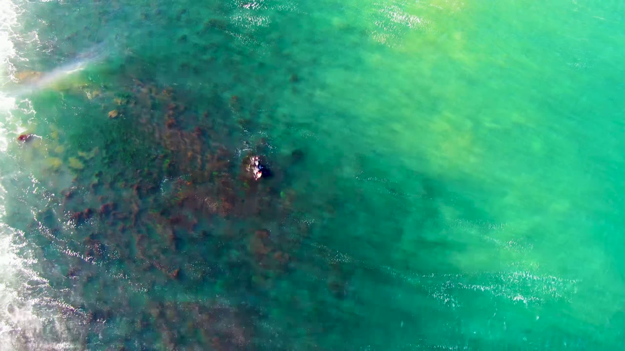 Overhead view in La Bocana, Mexico, showing a small surfer near the center-right of clear turquoise water with dark reef patterns below and faint foam along the left edge.