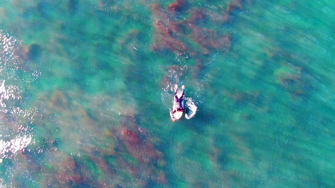 Swimmer seen from above in clear water near reddish underwater patches.