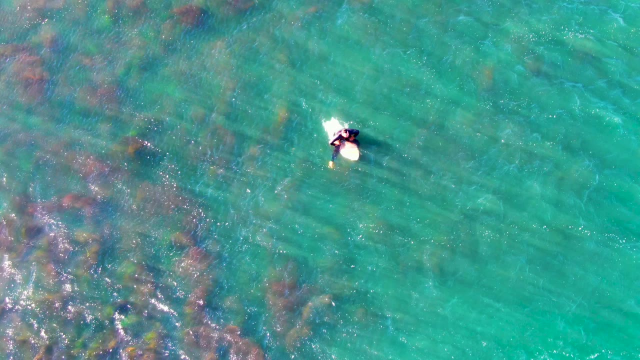 Person on surfboard paddling across clear green-blue ocean water.