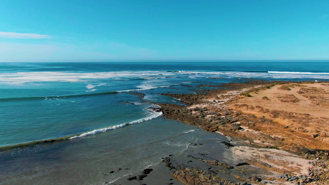 At 0:02 in La Bocana, white foam starts to form along the rocky shoreline while turquoise water fills the left side and tan sand and dunes occupy the right, with no visible people.
