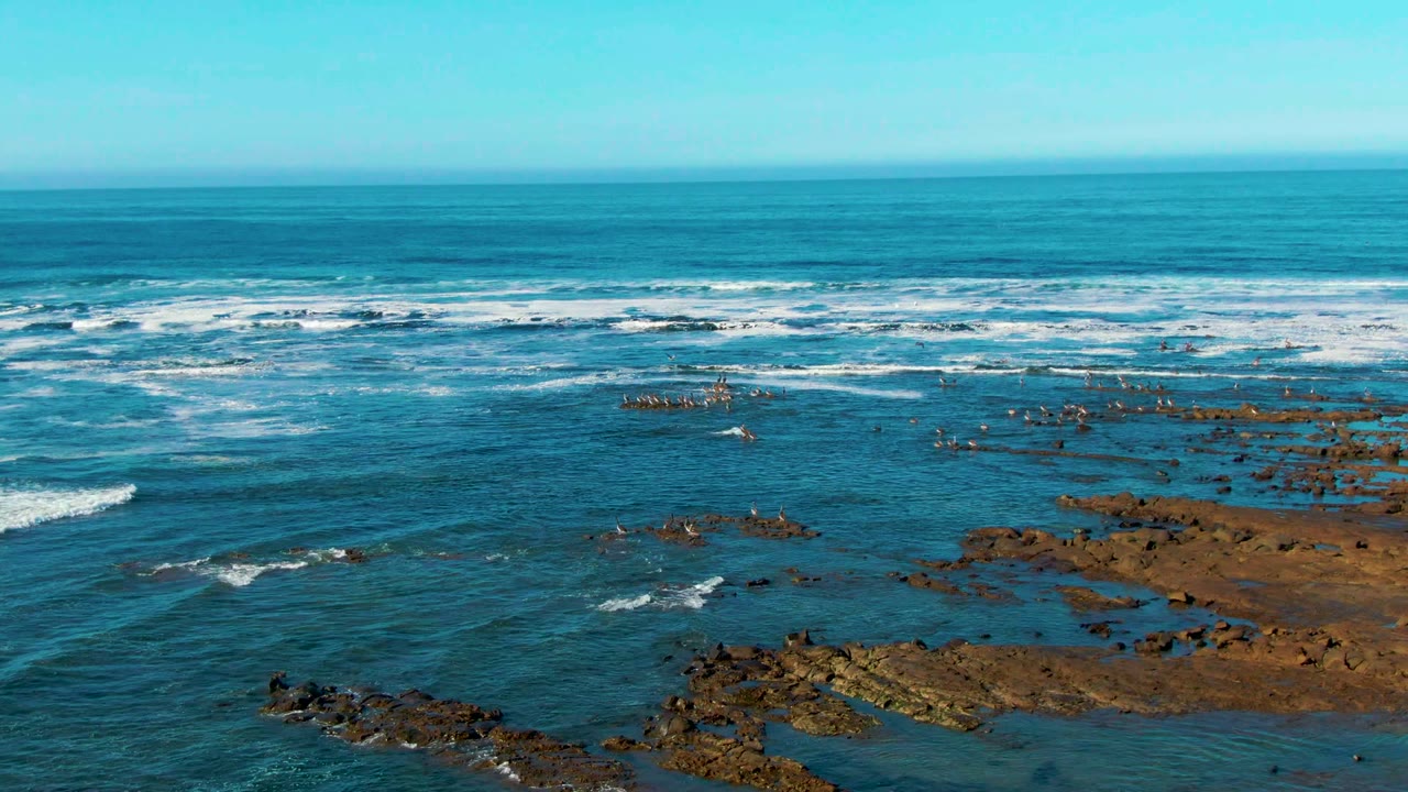 Blue ocean and white surf lines with rocky reef in the foreground.