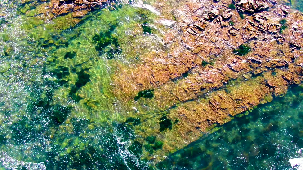 Sunlit ripples reveal submerged brown rocks and green algae in shallow ocean water at La Bocana, Baja California Sur, with scattered white foam and no visible people.