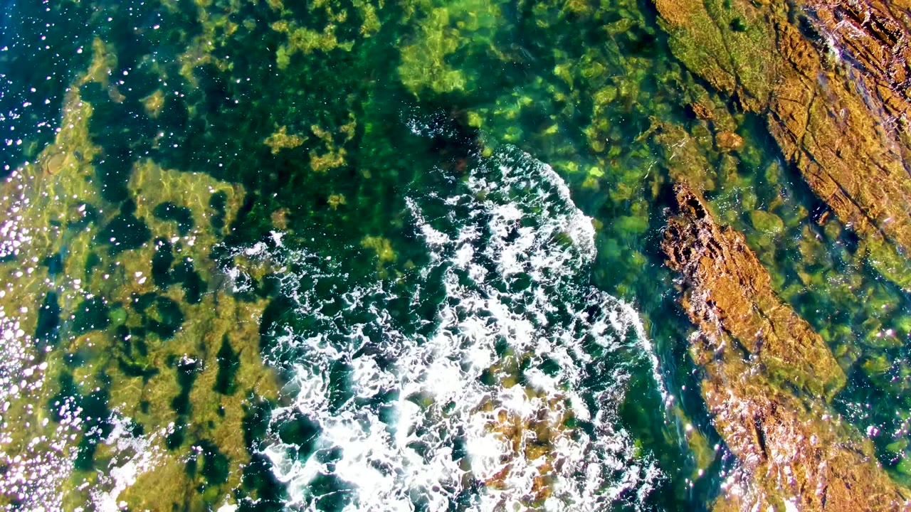 Overhead La Bocana coastal water with a larger foamy wave curling across the right half of the rocky seabed, green water visible around it, and no visible people.
