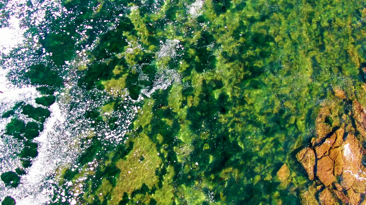 Top-down La Bocana view showing bright green shallow water, white surf streaks along the left side, rocky formations on the right, and no visible people.