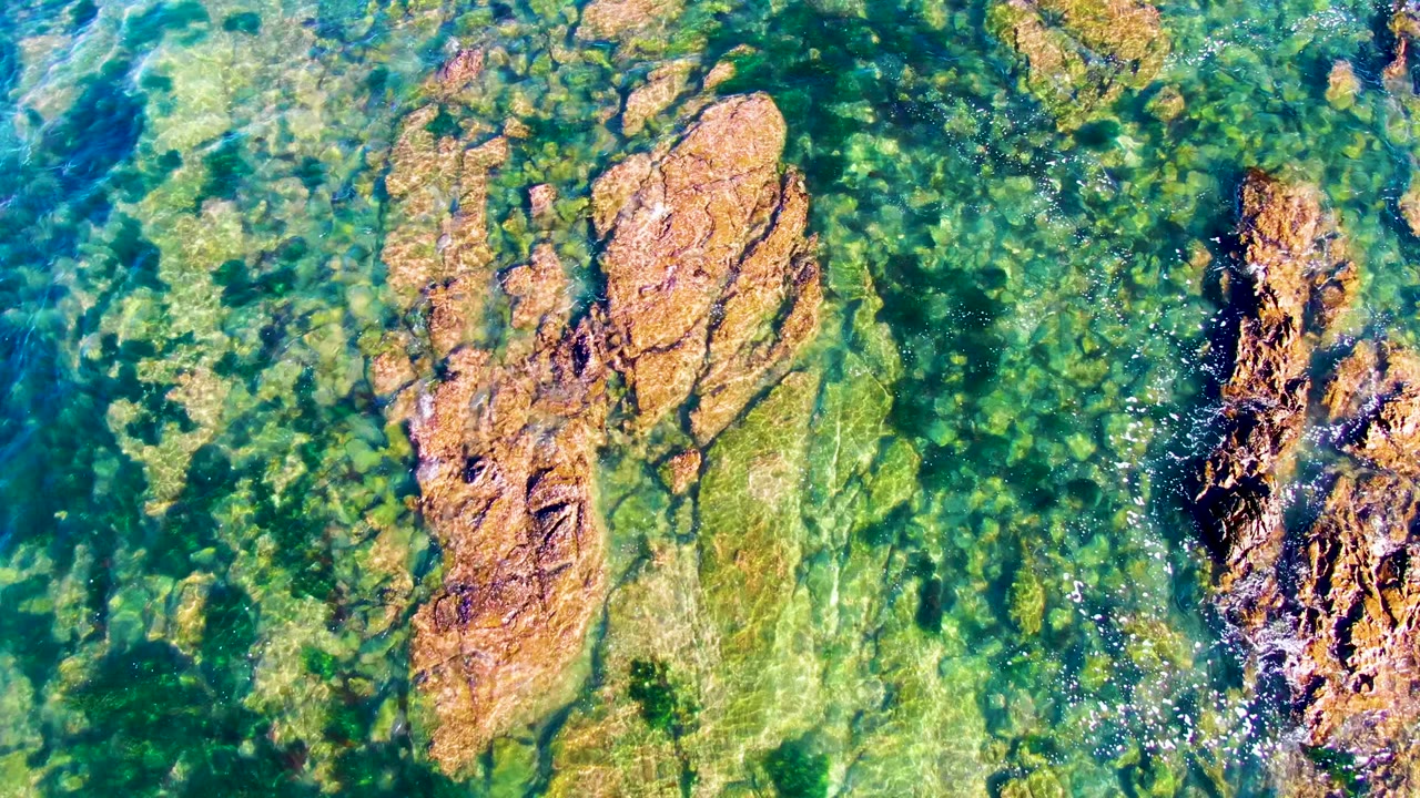 Rocky seabed seen through green-blue water