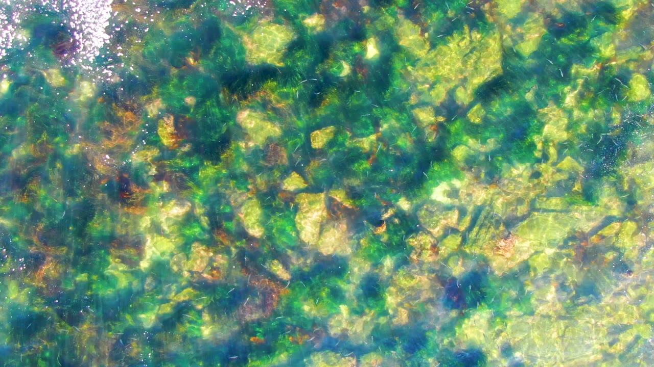 Bright bubbles or foam collect near the upper edge while clear La Bocana water reveals rocks below and no visible people.