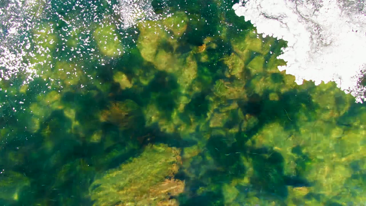 Overhead frame from La Bocana, Baja California Sur showing clear green shallow water, submerged brown algae, bright foam across the top edge, and no visible people.