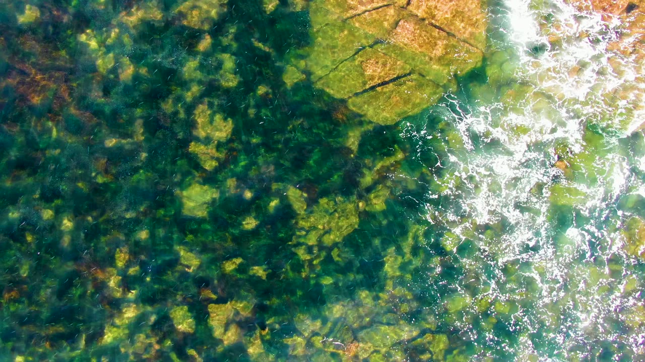 Clear coastal water in La Bocana reveals dark green and yellow-green seabed patches, with bright white ripples running vertically through the right half and no visible people.