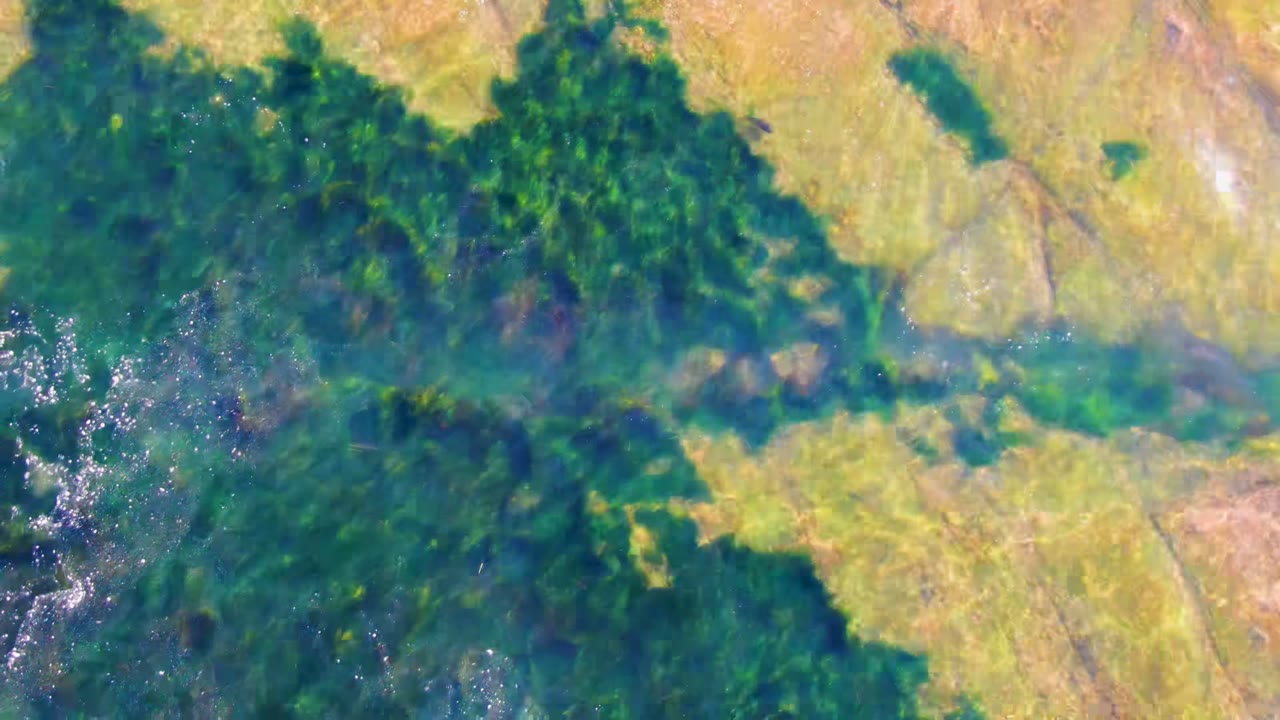 Overhead frame from La Bocana, Baja California Sur showing dense green vegetation, yellow-brown fields, small blue-green water patches, and faint smoke with no visible people.