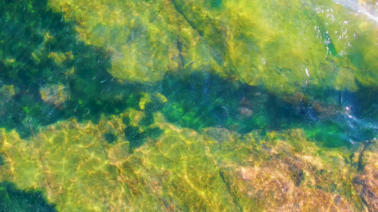 Blue-green current crossing algae-covered rocks