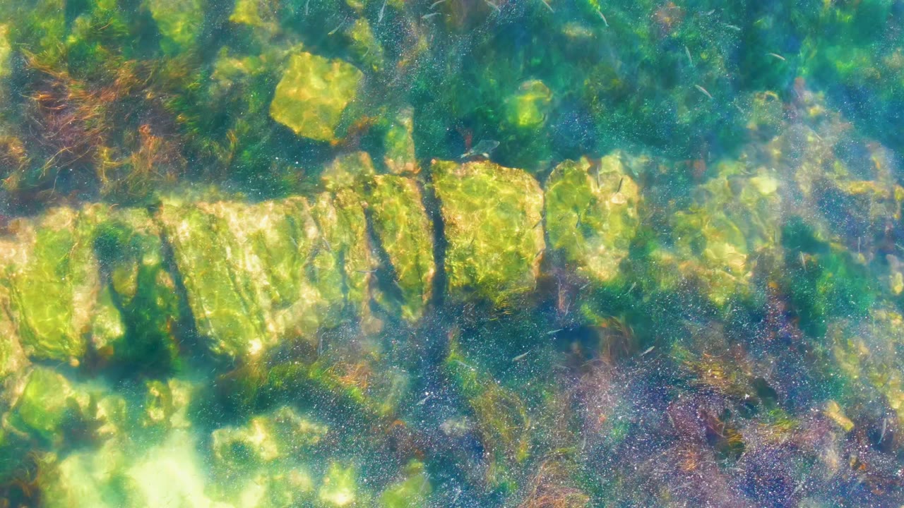 At 0:00, pale algae-covered stone blocks lie below rippling green-blue water in La Bocana, Baja California Sur, Mexico, with no visible people.