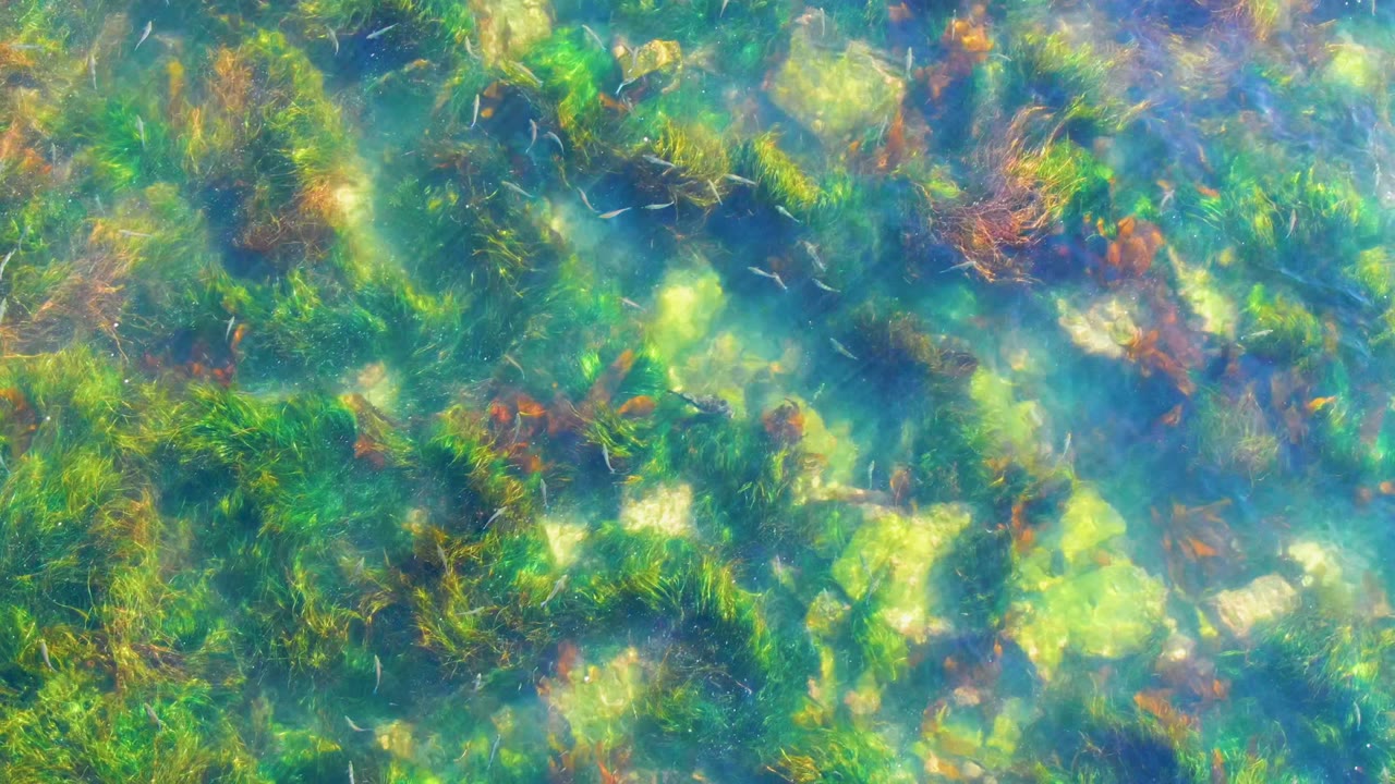 At 0:00 in La Bocana, Baja California Sur, clear blue-green water reveals green seagrass, brown aquatic plant strands, pale bottom patches, and no visible people.