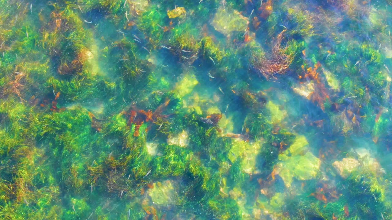 Dappled light over dense green underwater plants in shallow water.