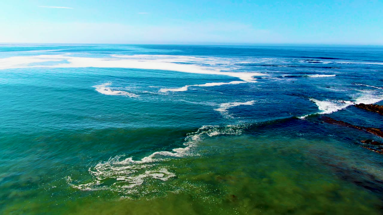 Aerial view at La Bocana with smoother turquoise water in front, a wide white surf band across the upper frame, darker water over reef to the right, and no visible people.